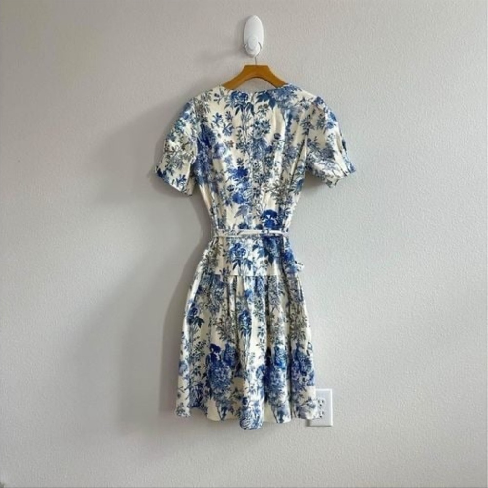 ANTONIO MELANI Blue and White Smocked Puff Sleeve Mini Dress